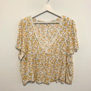 Pretty Hippie Rose Woman's Bohemian Top Floral Blouse White & Yellow Flowers XL